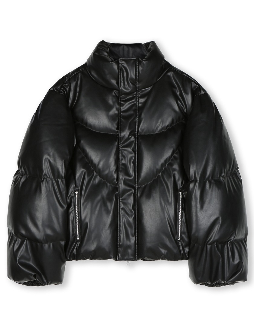 CURVED LINE FAUX LEATHER PUFFER DOWN BLACK